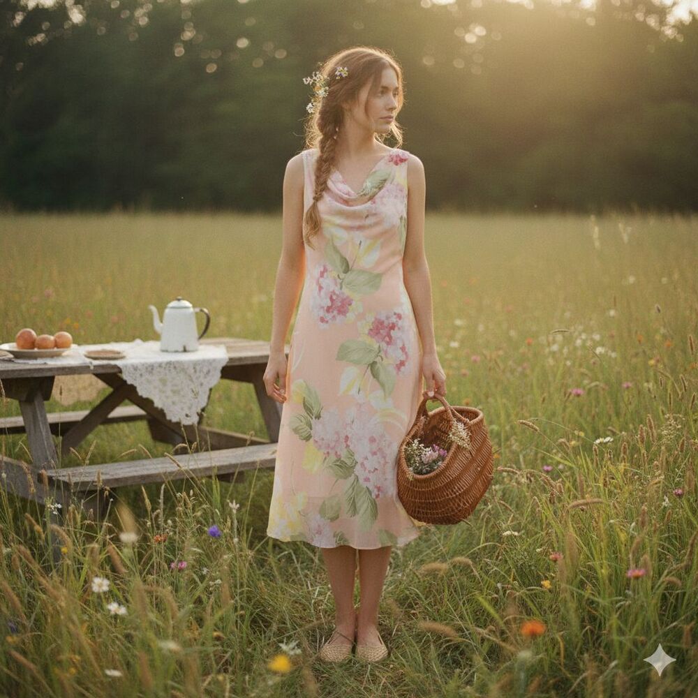 Vintage Pastel Peach Floral Hydrangea Cowl Neck Chiffon Midi Dress SZ 12